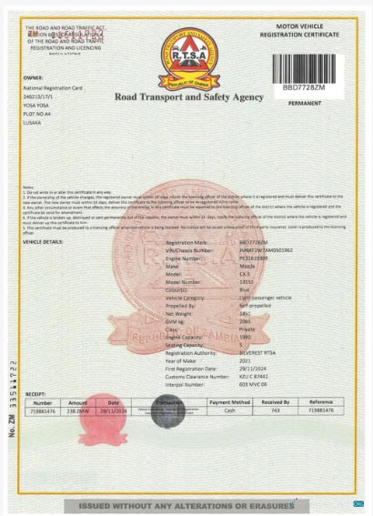 Download Zambia vehicle registration certificate Photoshop template